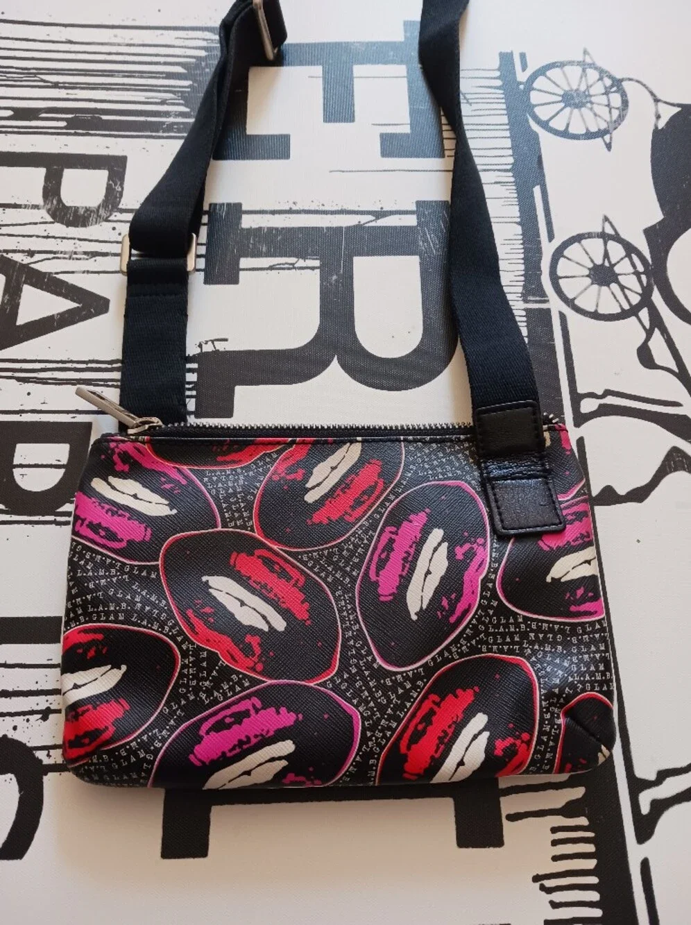 L.A.M.B Gwen Stefani Vintage .Black Lip-Print Crossbody Bag with Silver Hardware